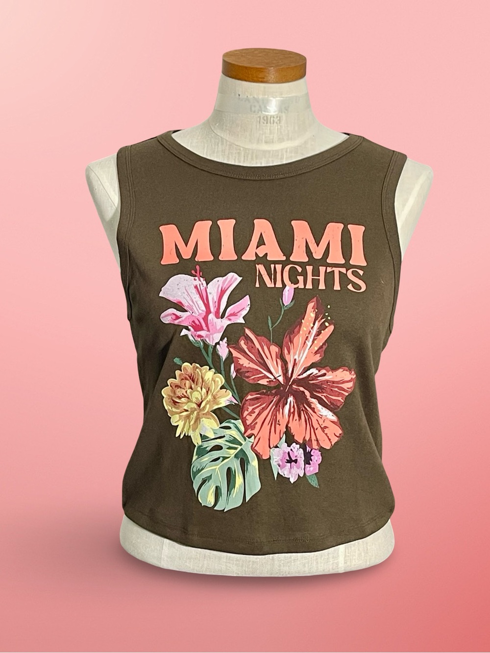 All Cotton Bitter Chocolate Floral Miami Nights Graphic Tank SzL